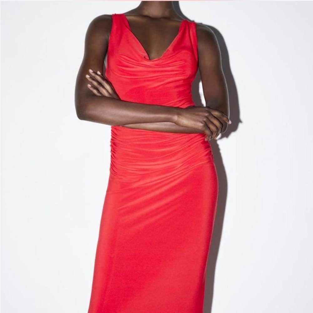 ZARA Draped Cowl Neck V Back Bodycon Dress Red Size M